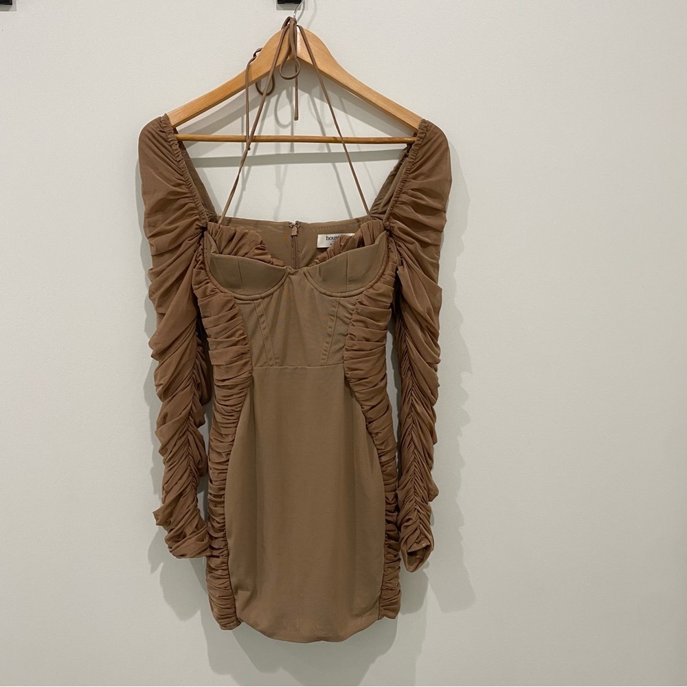 House of CB Sebastiana mocha ruched corset mini dress